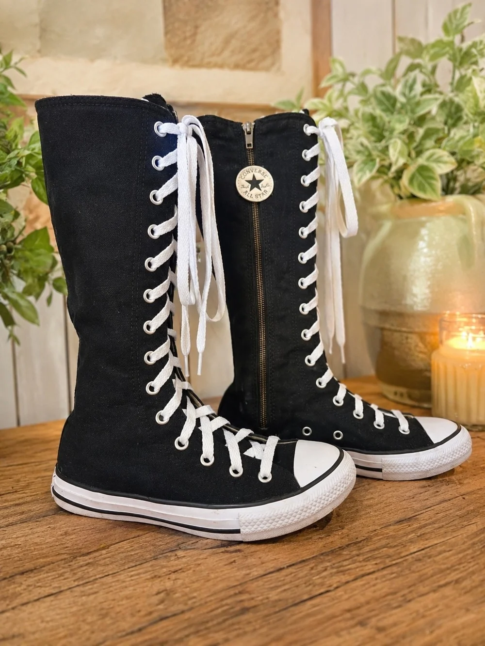 Converse Black Canvas Knee-High Lace-Up Boots with White Accents